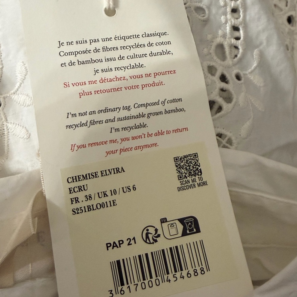 Sezane Elvira Ecru Scalloped Lace Blouse Top EU38 US6 Luxury Boho Romantic Chic - Picture 4 of 4